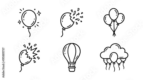 euphoria balloon line vector set. black color sketches style on white background. Vector illustration.