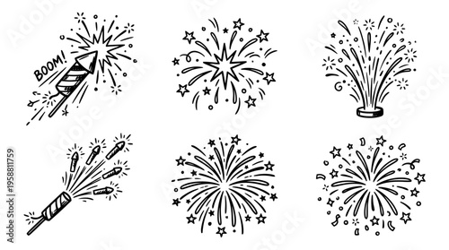 excitement fireworks line vector set. black color sketches style on white background. Vector illustration.