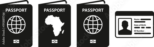 Vector icons depicting international travel and personal identification documents, showcasing global and African passport designs and a versatile generic ID card