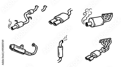 exhaust pipe line vector set. black color sketches style on white background. Vector illustration.