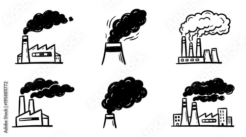 factory smoke line vector set. black color sketches style on white background. Vector illustration.