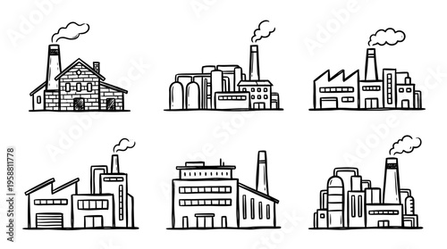 factory building line vector set. black color sketches style on white background. Vector illustration.