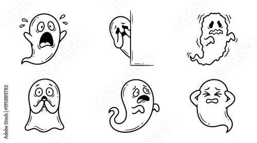 fearful ghost line vector set. black color sketches style on white background. Vector illustration.