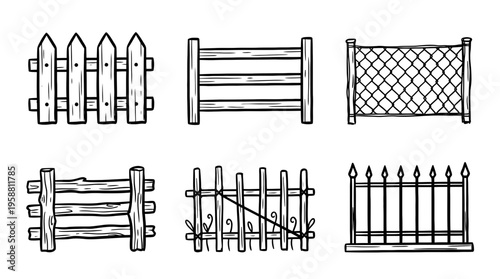 fence line vector set. black color sketches style on white background. Vector illustration.