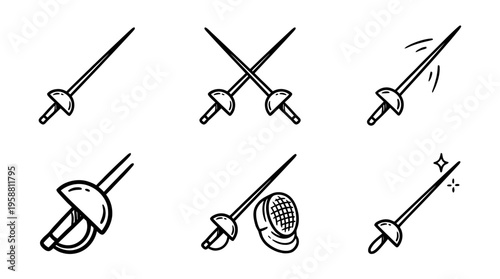 fencing sword line vector set. black color sketches style on white background. Vector illustration.