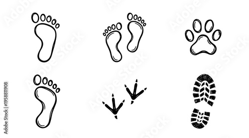 footprint line vector set. black color sketches style on white background. Vector illustration.