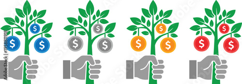 Visual representation of a hand nurturing a money tree with colorful coin fruits, illustrating diverse financial concepts, investment strategies, and wealth development