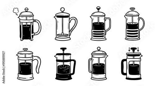 french press line vector set. black color sketches style on white background. Vector illustration.