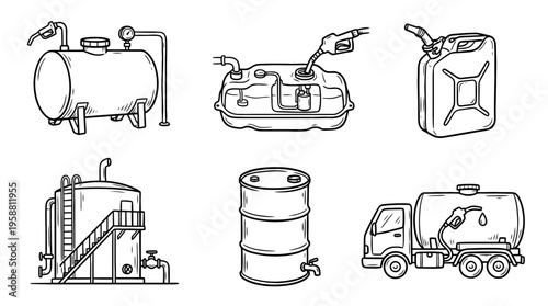 fuel tank line vector set. black color sketches style on white background. Vector illustration.