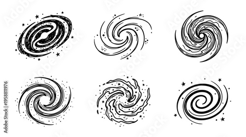galaxy spiral line vector set. black color sketches style on white background. Vector illustration.