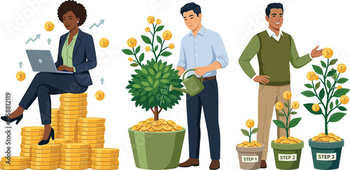 Successful investment strategies and financial growth illustrated by diverse individuals nurturing money trees