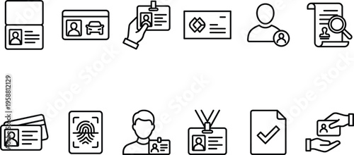 Modern line art icons for personal identification documents and secure verification processes, ideal for digital security, authentication, and access control systems