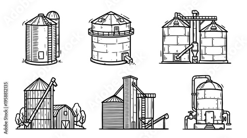 grain silo line vector set. black color sketches style on white background. Vector illustration.