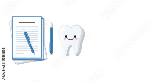 A stack of papers and a blue pen are placed next to a smiling cartoon tooth on a plain white surface.