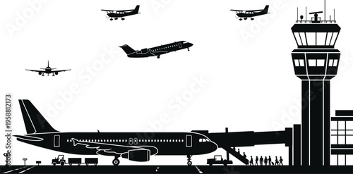 Vector illustration of an active airport scene with planes, control tower, and ground activities, symbolizing modern air travel and aviation infrastructure