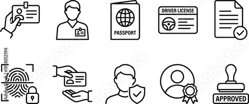 Collection of identification and verification icons, including fingerprints, passports, licenses, and ID cards, representing security and personal documentation