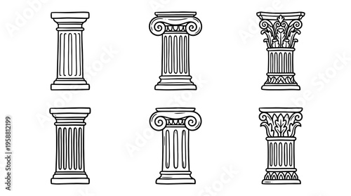 greek column line vector set. black color sketches style on white background. Vector illustration.
