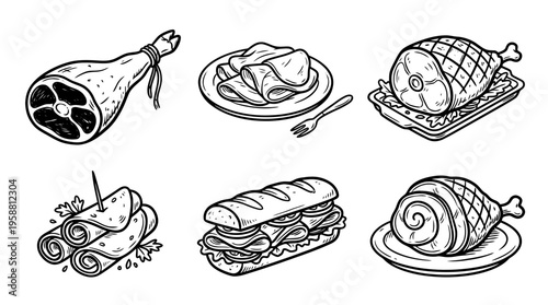 ham line vector set. black color sketches style on white background. Vector illustration.