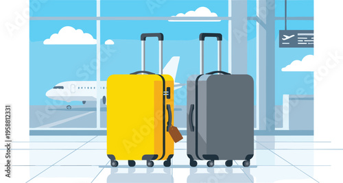 Two suitcases, one yellow and one gray, stand ready for a journey in an airport terminal with an airplane visible through the large windows