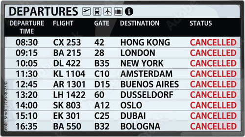 Digital airport departure screen showing a comprehensive list of cancelled flights, signifying major travel disruptions and passenger inconvenience for various destinations