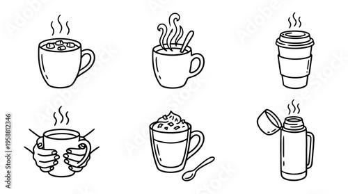 hot chocolate line vector set. black color sketches style on white background. Vector illustration.