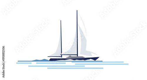 Two minimalist sailboats with white sails navigate stylized blue water lines on a white background.