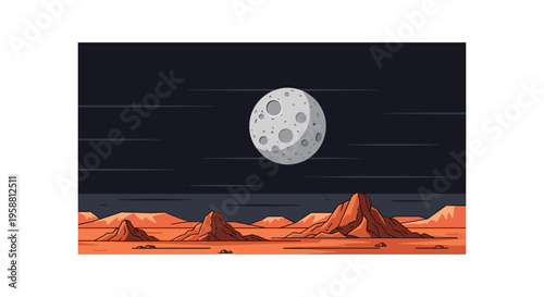 A large moon illuminates a rocky, reddish-brown alien landscape under a dark sky in pixel art style.