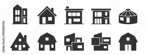 set of ten black house icons various residential building shapes collection on transparent background