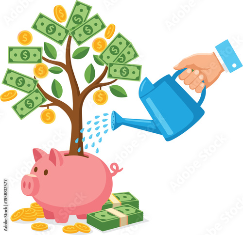A piggy bank with a money tree growing out of it, being watered by a watering can, symbolizing financial growth and investment