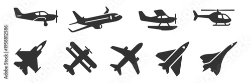 silhouettes of various airplane types including commercial, fighter jet, biplane, seaplane and helicopter on transparent background
