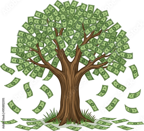 Money tree illustration with falling banknotes symbolizing wealth and financial growth, depicting prosperity and abundant riches