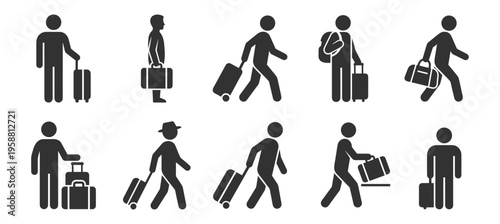 human silhouette icons with luggage suitcase and bags travel and business symbols on transparent background
