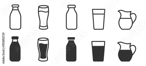 milk bottle glass and pitcher icons set in outline and solid styles on transparent background