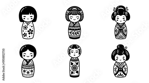 kokeshi doll line vector set. black color sketches style on white background. Vector illustration.