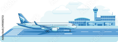 Airplane taking off from airport runway with modern terminal building and control tower in the background