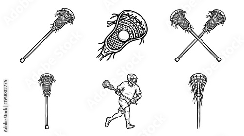 lacrosse stick line vector set. black color sketches style on white background. Vector illustration.