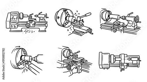 lathe machine line vector set. black color sketches style on white background. Vector illustration.