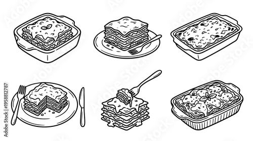lasagna line vector set. black color sketches style on white background. Vector illustration.