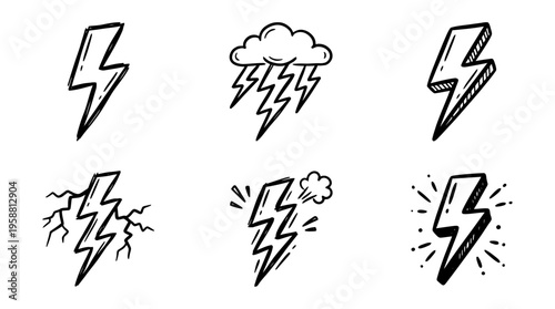 lightning line vector set. black color sketches style on white background. Vector illustration.