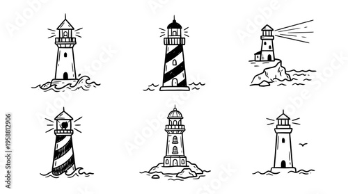 lighthouse line vector set. black color sketches style on white background. Vector illustration.