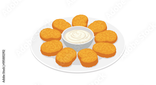 A digital illustration shows ten golden-brown chicken nuggets arranged around a bowl of white dipping sauce on a white plate.