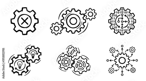 logical gear line vector set. black color sketches style on white background. Vector illustration.