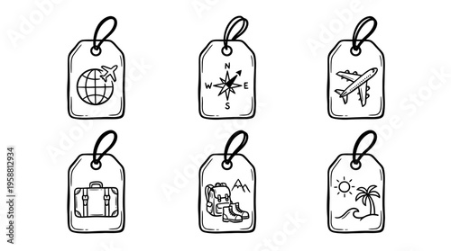 luggage tag line vector set. black color sketches style on white background. Vector illustration.