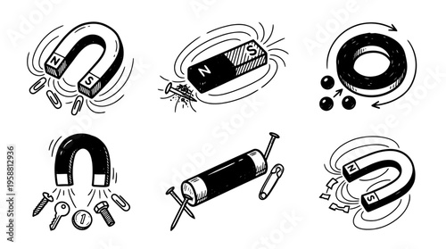 magnet line vector set. black color sketches style on white background. Vector illustration.