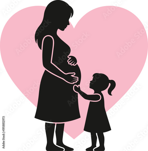 Silhouette of a loving pregnant woman with her daughter, tenderly touching her belly, embodying the joyful anticipation of a new sibling and the beautiful journey of motherhood within a heart