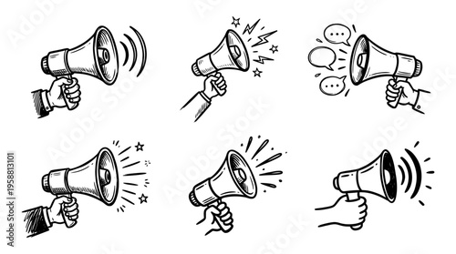 megaphone broadcast line vector set. black color sketches style on white background. Vector illustration.