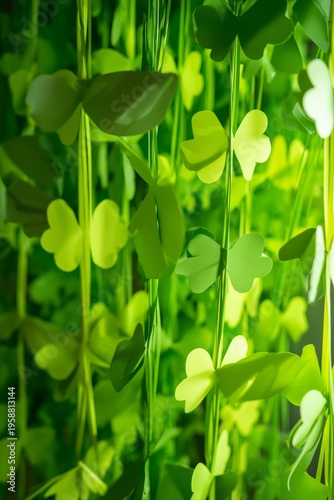 Yellow four-leaf clovers hanging from a vine, often associated with St. Patrick's Day celebrations.