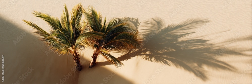 Fototapeta premium Twin palm trees casting long shadow on pale sand dune in warm sunlight coastal desert scene with minimalist tropical silhouette