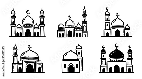 mosque line vector set. black color sketches style on white background. Vector illustration.