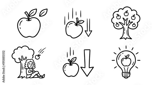 newtons apple line vector set. black color sketches style on white background. Vector illustration.
